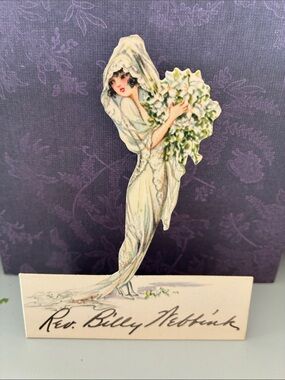 Antique Bridal Lady Card with White and Green Bouquet